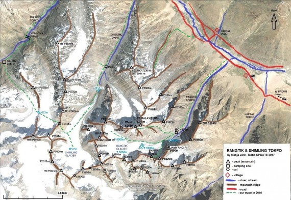 Topografska skica območja dolin Rangtik in Shimling, v pogorju Haptal, Zanskar.